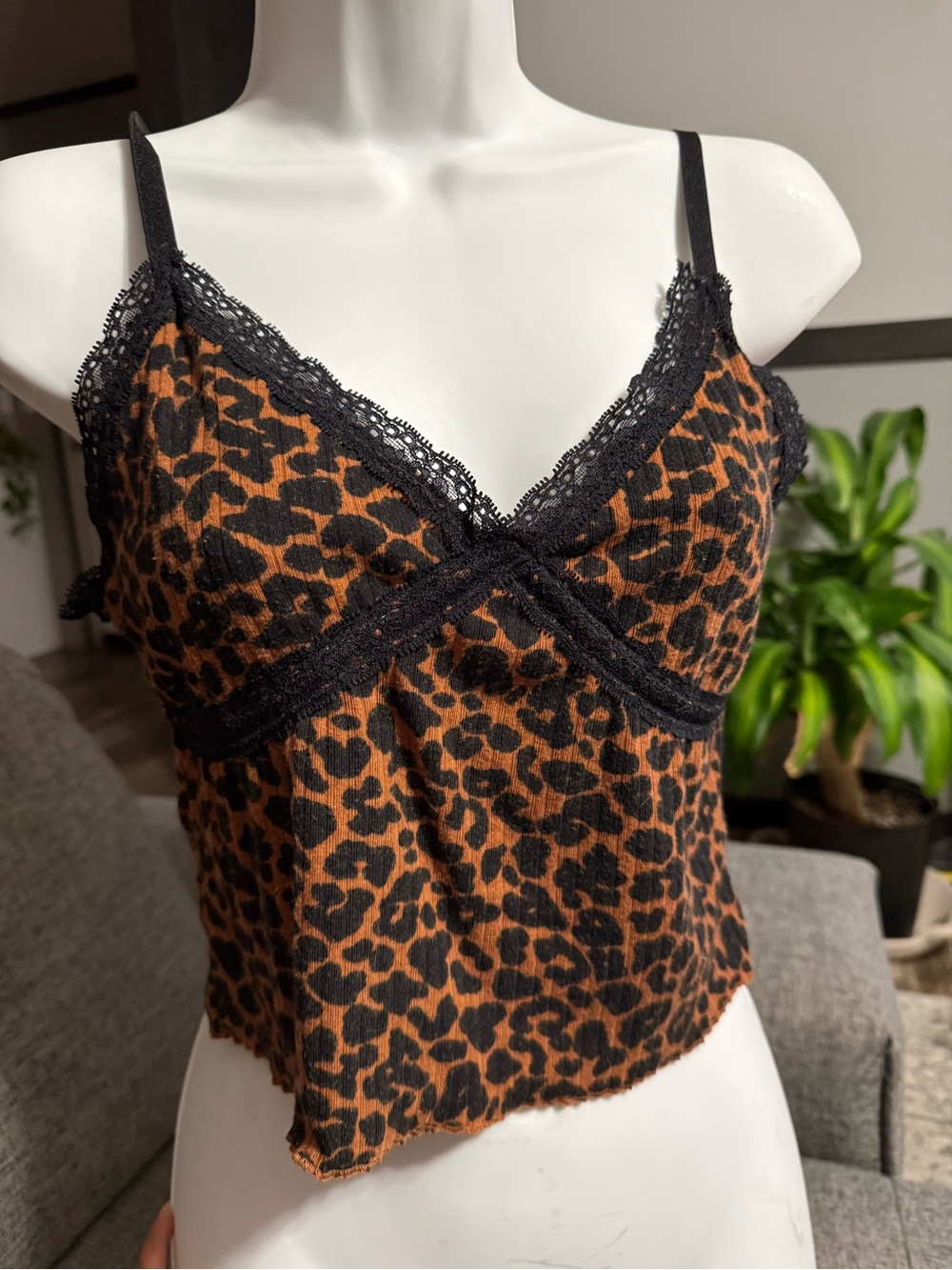 Leopard Lace Trim Cami Tank Top - Black & Brown wild fable